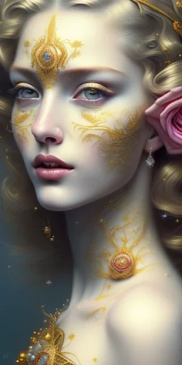 ultradetailed beautiful portrait painting of love Aphordite with short flowing golden hair and sharp piercing gaze of deep grey eyes, alluring beauty, smiley lip, wearing diamond-jewels, roses, ultra ornate, gold leaf deatils, wearing white dress, by conrad roset, greg rutkowski and artgerm, trending on artstation