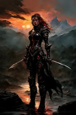 A formidable warrior girl in black armor, on the background Amazing gloomy landscape, flooded with sunset, mountains, trees, fabulous scary hero, , juicy emotions, painting, dark fantasy, bad weather, gloomy day, dark world, by Raymond Swanland & Alyssa Monks & Anna Razumovskaya & James Paick