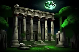 old ancient abandoned temple in ruins broken and jagged roman style columns circular at night moss vegetation stars in the night sky a few alcoves a red moon and a white moon