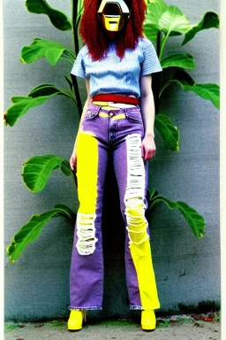 Photograph of a woman. Low waist jeans! bright blue jean,baggy, 1996!Huge plant prints on denim,terracotta,cream,purple,lilac. Cream colored latex parts. imperial yellow, red plum stripes, only on the top half of t-shirt. European daft punk woman. Mantle is sewed of recycled Denim and sewed together of recycled polymer felt. lace, Yellow(Munsell) areas. hint of orange as effect color!!Big bright purple/khaki felt tippet and cream or blue or lilac colored-hood. mantle is merged with cobalt bole