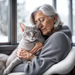 create a sleeping grey haired middle aged woman with chin length hair, sitting on a chair, in front of a window, holding her beloved gray and white tabby Oriental shorthair cat, also sleeping, in her arms. Serene peaceful calm. the snow falling outside