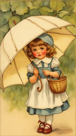 a birthday card with a little girl holding an umbrella, birthday card, vintage postcard, greeting card, vintage postcard illustration, by Cicely Mary Barker, to me, happy birthday, inspired by Cicely Mary Barker, as a tarot card, by Annabel Kidston, card, by Zelma Blakely, by Persis Goodale Thurston Taylor