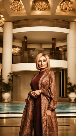 full body shot of Googoosh persian singer standing fashion pose in luxury hotel labi