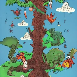  kaiju birds in a tree near a city by dr seuss