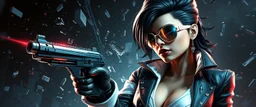 airbrush 3d rendering, mafia cyberpunk stylish lady dr smick Vex is now officially in stasis. No experiments. No clones. No accidental galaxy-ending breakthroughs. sci fi guns and rays, shattering glass background, flying debris