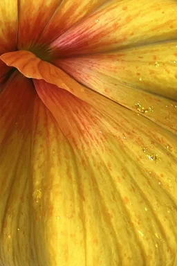 Please add color-coordinated dots similar to a Kusama pumpkin and outline the yellow petals with Iridescent golden elements inspired by Klimt