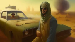 takistan life, scene oil painting. dr arab cover 1970, closeup dnd style. sunglasses. desert mist. smoking weed, a lot of smoke. lawrence of arabia. car race. post apocalytic.