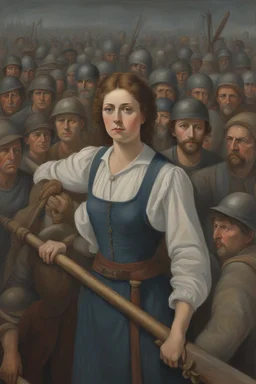 Portrait Art **Featured Art:** Joan, the Transcendental Labor Leader: Joan stands with a defiant expression, not in armor, but in the simple garb of a peasant. One hand rests on a plow, the other holds a scroll inscribed with nascent workers' rights. Behind her, a shadowy crowd of laborers echoes her stance, eyes raised to shafts of heavenly light. **Appearance:** evocative portrait concepts of Joan of Arc (an French women patron saint of France, honored as a defender of the French nation for he