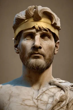 Realistic image, Roman sculpture made in marble with gold veins, Lionel messi, gold laurel leaves crown, waist up portrait,marble material, gold ornaments, Renaissance style, sun rays background, epic, celestial, cinematic lighting, God lights, 4k resolution, smooth details, soft lighting, unreal engine 5, art station, substance 3d.