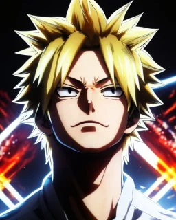 Detailed anime portrait of bakugo from my hero academia, gold hair and golden eyes, black suit, intricate details, full body portrait, keep head in frame, slight smile, black Japanese motif, concept art, highly detailed, digital painting, concept art, sharp focus, illustration, art by Yoji Shinkawa, WLOP and greg rutkowski and alphonse mucha and artgerm and yanjun Chen and Junji ito and Makoto Shinkai, HDR, octane render