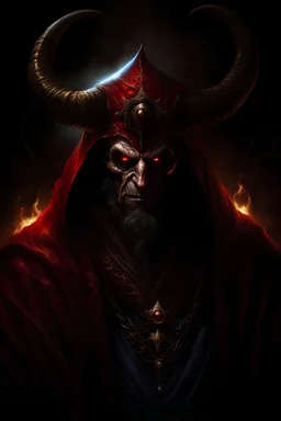 A haunting and intricately detailed portrait of Satan in biblical times, depicted as a powerful and malevolent figure. He is dressed in a dark royal robe emblazoned with the Israeli flag, and wears a crown of thorns, symbolizing his fall from grace. His face is hidden by the hood, but his evil, glowing eyes pierce the darkness. The devil stands in the middle of a chaotic and turbulent scene, with burning fires and mutilated trees. He is wrapped in the Israeli flag, symbolizing his cunning attemp