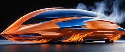 award winning car and driver photograph of a futuristic station wagon designed by only one vehicle per image painted metallic orange traveling at a high rate of speed, jet intake off of front center of vehicle and jet exhaust out the rear with bright blue flame, bilaterally symetrical, more a high speed road vehicle