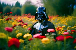 Darth vader in a beautiful field of flowers, colorful flowers everywhere, perfect lighting, leica summicron 35mm f2.0, kodak portra 400, film grain, naruto fan art