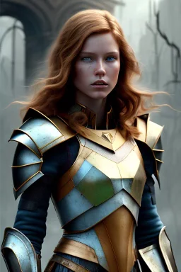 ultrarealistic, concept art, ruined city,__skimpy fantasy armor__, no star, __angles__, 18 year old woman, strikingly beautiful,ginger hair, _colour_, (pale __skincolor__ skin:1.2), __camera__, _hair_, detailed face and eyes, medium breasts, fantasy theme, freckles, dynamic pose, resolved expression, __accessory__, strappy outfit, (straps:1.1), sword in scabbard on left hip, (buckles, buttons, snaps, rings:1.0), haltertop style breastplate, detailed eyes, plump lips