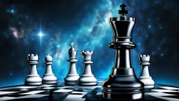 Hyperrealistic illustration of one giant queen chess piece floating in the big galaxy, deep dark universe with stars and nebula, fantasy, dramatic atmosphere. The overall scene moody and surreal, with intricate stunning textures on the queen chess highlight its grandeur and mystery. white-blue mist aura around the chess piece. detailed, stunning illustration