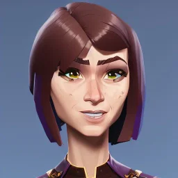 anna wintour with dark brown hair in a ponytail, blue eyes, happy, lego, steampunk