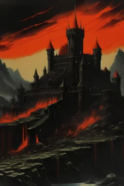 70s dark fantasy art of a medieval castle with a moat of lava on a hill