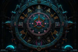ultra detailed and intricate 3d rendering of a hyperrealistic “cyberpunk steampunk clock”: close up, symmetric, neon, victorian ornament, baroque antique, tribalism, ancient , shamanism, cosmic fractals, dystopian, dendritic, stylized fantasy art by Kris Kuksi, Albrecht Durer, Kazuhiko Nakamura, artstation: award-winning: professional photography: atmospheric: commanding: fantastical: clarity: 16k: ultra quality: striking: brilliance: stunning colors: amazing depth: masterfully crafted.