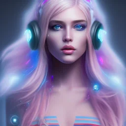 A beautiful portrait of a cute cyberpunk woman long blond hair, pink lips, blue eyes, high key lighting, volumetric light high details with luminous blue and white stripes and feathers