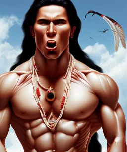 native american warrior, long black hair, big muscles, face up, mouth wide open, scream face, shirtless, looking to the sky