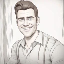 a portrait of smiling man. handsome. western man. caricature. side parted hair style. dark brown hair. fair skin. square face shape. 3/4 view. black formal shirt. pixar style. 3D. 4k. portrait. highly detailed. sharp focus. high resolution. full color. cinema lighting