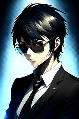 Anime main character with black suit , black hair, sunglas