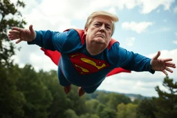 a thoroughly confused, frail, elderly and obese donald trump flying through the air dressed as superman