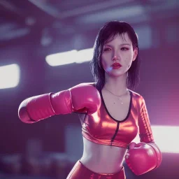 Cyberpunk cyber girl boxing in the ring unreal 5, octane render,cinema4d, dynamic lighting, 8k, redshift render, highly, hyperrealism ultra detailed, hyper realistic.