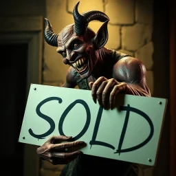 A realistic ghoulish laughing devil leaning forward at an angle as if over someone's shoulder, facing right, holding a large sign that says "SOLD" in clear letters. No humans, no extra subjects, cinematic horror lighting.