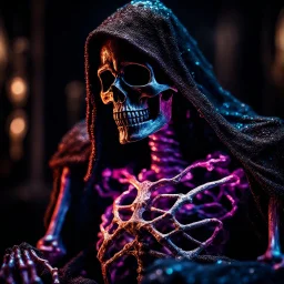 gigantic scarry dark hooded crystal skeleton made of marble, bright colors, glowing sparkle particles, dark tone, sharp focus, contrast, 8k, incredible depth, dramatic lighting, beautifully intricate details, clean environment, epic dynamic scene