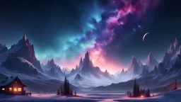 4k landscape realistic Fantasy, Palace , Background: A mountain range, bathed in the cold glow of distant stars. The landscape is desolate and dark, with jagged mountain peaks rising from the frozen ground. The sky is filled with swirling nebulas and constellations, adding an air of mystery and intrigue with a small winter cabin nestled in the valley of the mountains as the peaks tower over it. There is gentle snowfall and ample stars above.
