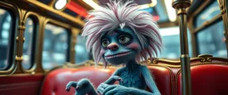 close up portrait of hairy fluffy polymer clay cute female happy worried monster with realistic human colored and textured skin, and long sleek limbs and with studio lights, on a luxury ornate neon buss, talking to his aunt