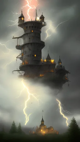 Illustrate the Tower being struck by lightning, crumbling as dark clouds gather above and bats take flight.