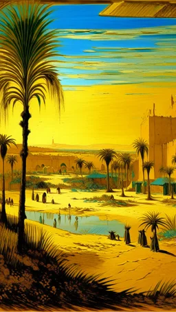 A golden yellow Egyptian kingdom near an oasis painted by Vincent van Gogh