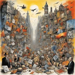 the chaos of democratic politics Kafkaesque beaurocracy, sharp primary colors, Martin Rowson and Ralph Steadman and George Grosz unleash a captivating illustration, a surreal aura dominating the canvas, vivid gestalt shapes piercing through menacing cityscape brilliantly grounded against the backdrop of an elusive dreamscape, palpable textures, Steadman's distinctive style, detailed line work.