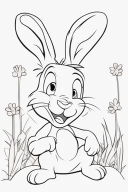 blank colouring book, white background, simple picture for toddlers, rabbit, four legs, smile on face, disney and pixar style