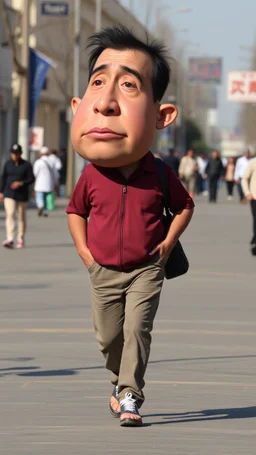 A man with very big head and small body walking with a normal man