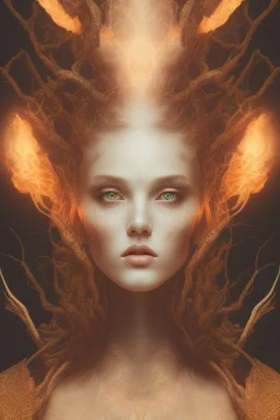 portrait photography of an ethereal beautiful animal goddess, Fire theme art, Dark moody night atmosphere, Portrait of a woman by Michelangelo, 8K, close-up face, anatomically perfect face, oak tree roots, ignore NSFW