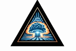 a nuclear explosion cloud, behind an orange glowing omega like shape, all inside an equilateral triangle like a doorway to a different world, radiant lines, Psychedelic CGI special effects