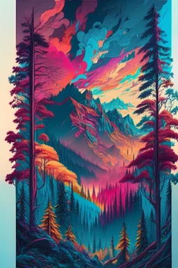 a colorful forest in the wilderness with trees and mountains, in the style of poster art, hyper-detailed, richly colored skies, sgrafitto