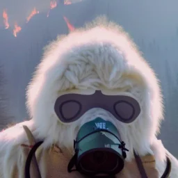 subject = (Yeti in a mask) background = (wildfires, mountains, fires, smoke, disaster)