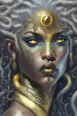 A 3D photorealistic fantasy portrait of Medusa with her snake hair glittering in silver and gold and her glittering eyes shining like the sun and with a sparkling Diamond on her forehead and glittering colorful African print tattoos drawn on her neck and with glittering gold half moon and star tattoos drawn all over her face.