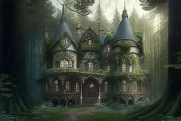 victorian fantasy house surrounded by forest