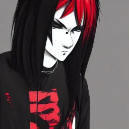 Portrait of White skin man in typical punk-rock black outfit some tattoos black hair and red left eye in Anime Style