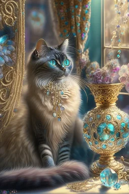 Mixture of a cat and a peacock old magical and intricate sparkling with gold and soft pastel colors surrounded by threads flower, stunning exquisite pearls and precious gem in an old but sunny shop with windows and flower vase all around no frame no watermarks sharp focus elegant extremely detailed Award winning photography studio lighting intricate oil on canvas cinematic lighting 4k very attractive beautiful award winning ultra detailed 4K 3D crisp quality Michelangelo focused Giuseppe Arcimb