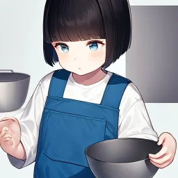 9 year old girl, cute, Child, Medium fluffy bangs, bowl cut that is parted, medium hair length, wearing a white shirt with a white color, with blue overalls,