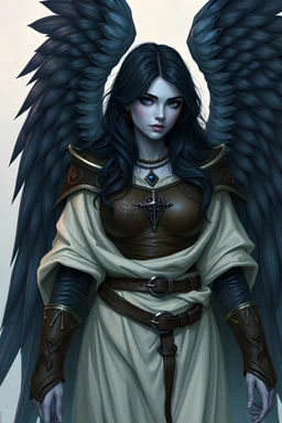 Circle of stars aasimar Druid with dark hair for a dnd campaign with dark large angel wings. The whole picture should be blue toned and she should have leather armor under robes. Her skin should be normal colored