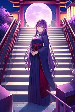 girl, masterpiece, best quality, cinematic lighting, detailed outfit, vibrant colors, perfect eyes, purple hair, pink eyes, long hair, looking down, hakama, shrine, moon, stairs,