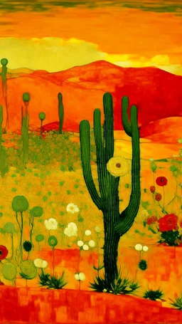 A yellow desert with cactuses painted by Gustav Klimt