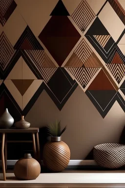Paint HANDPAINTED WALL MURALArrange triangles in a tribal-inspired pattern, forming a rich and intricate tapestry across the wall. Color Palette: Earthy brown, terracotta red, desert sand, deep black.